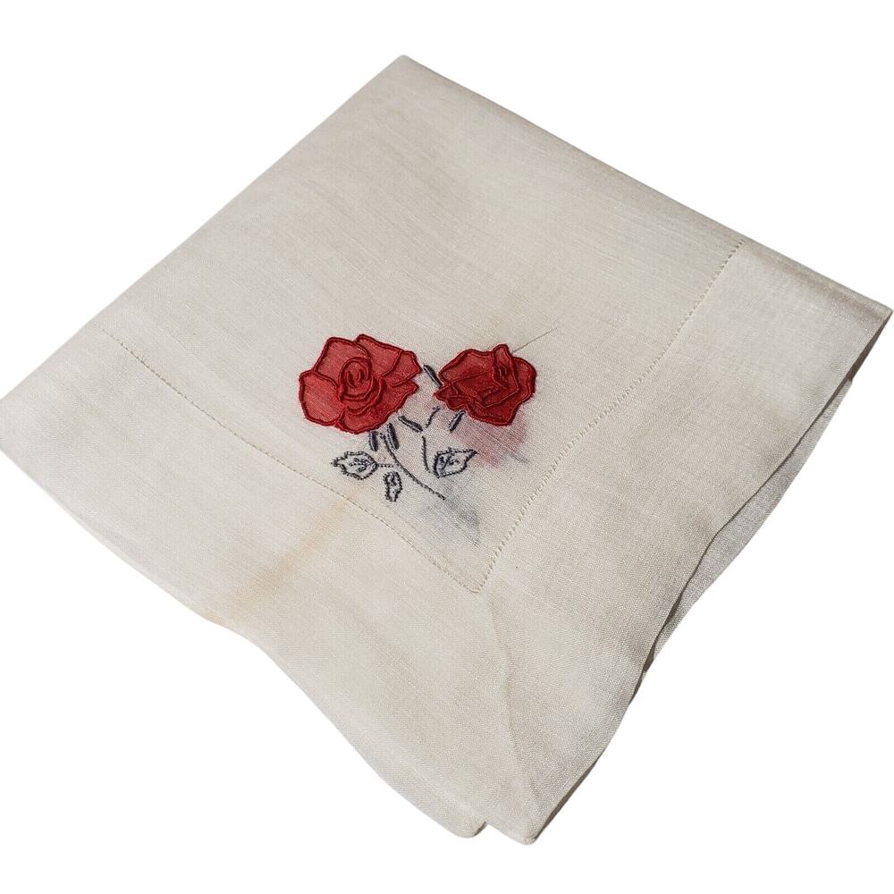VTG 1960'S Hankie Red Rose Embroidered Flowers Bridal Wedding Something Old